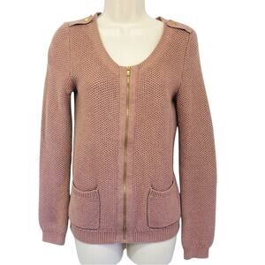 Gap Blush Taupe Knit Utility Style Zip Front Sweater Stylish Gold Tone Accents